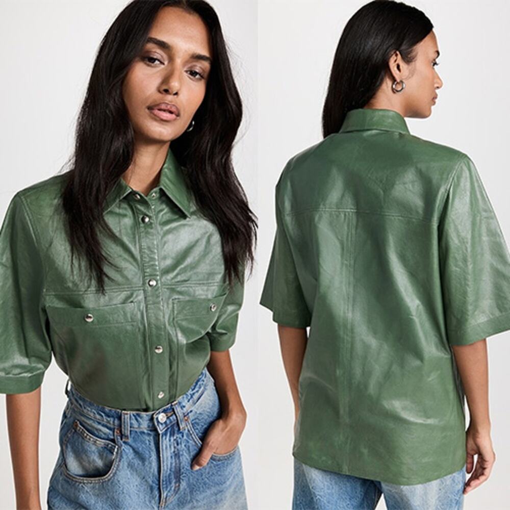 NWT Iro Lamb Leather Signy Short Sleeve Top Leather in Vintage Green Sz: Small
